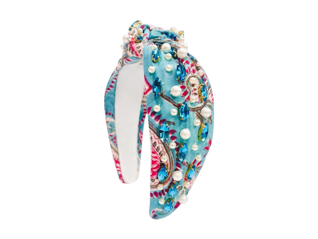 Floral Print Headband, Blue Rhinestone Pink Paisley Headband  display picture 1