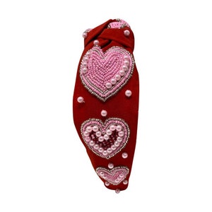 Valentine Heart Headband, Pearl Heart Headband, Red with Pink Heart Headband