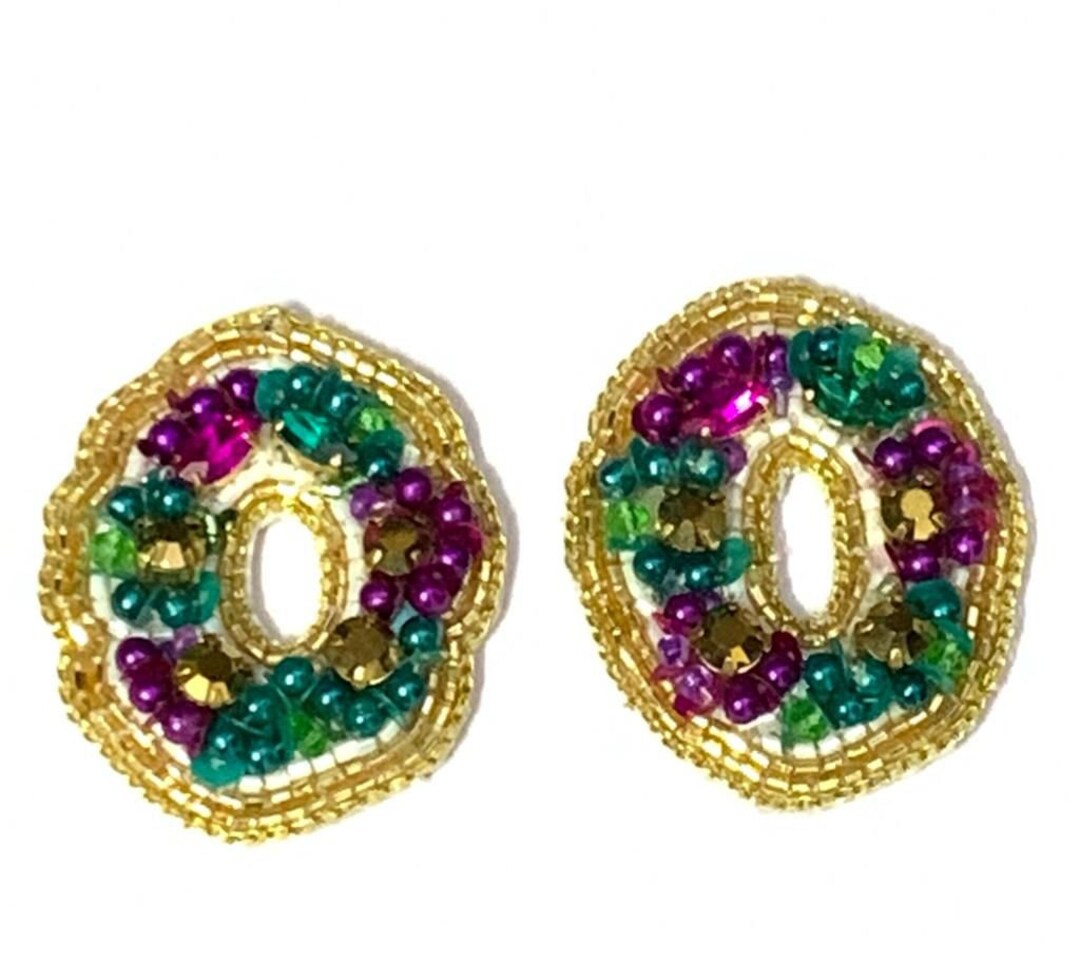 Golden Lily WS Mardi Gras Rhinestone King Cake Stud Earrings