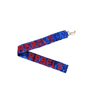 Correa de lentejuelas para bolso, correa de bolso transparente, correa rebeldes, azul con rebeldes rojos