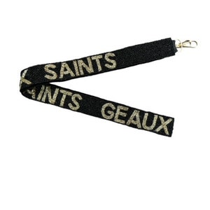 Seed Bead Strap for Handbag, Clear Bag Strap, Geaux Saints Strap Black with Gold Letters