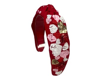 Valentine Herz Haarband, Multi Pailletten Herz, Rot, Weiß und Gold Pailletten Herz Haarband