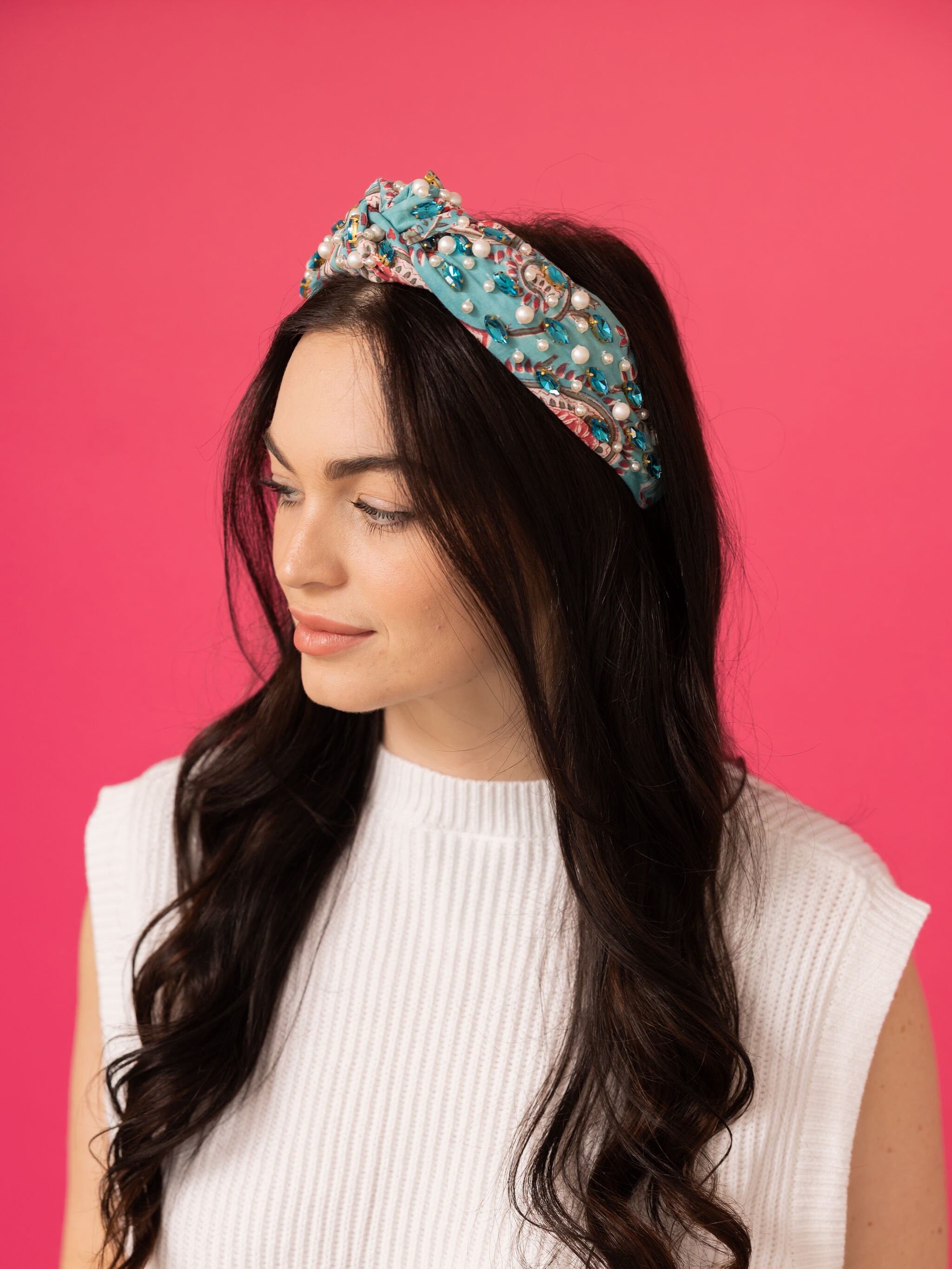 New handmade boutique rhinestone floral fancy flexible headband blue Your one-stop shop for wholesale - Faire main image 3