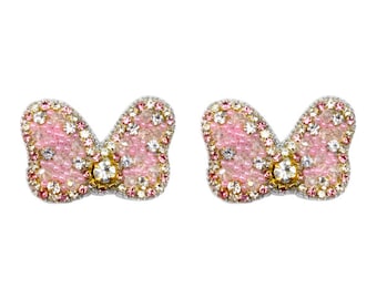 NUOVI orecchini di fiocco, orecchini di arco di Minnie, orecchini di perno di pennello rosa di Minnie Mouse con archetto di strass