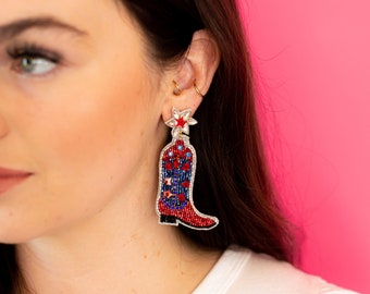 NEW Cowboy Boot Earrings, Red and Navy Cowboy Boot Earrings, Game Day Earrings