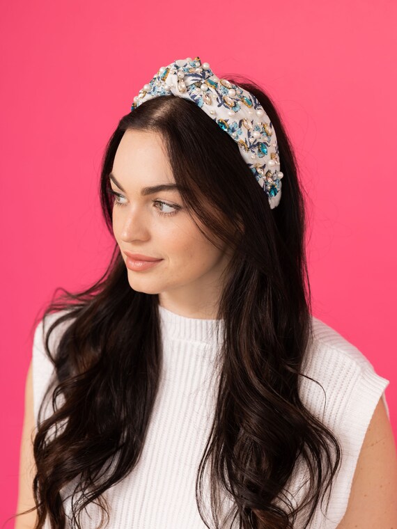 Floral Print Headband, Blue and Clear Rhinestone Headband  display picture 1