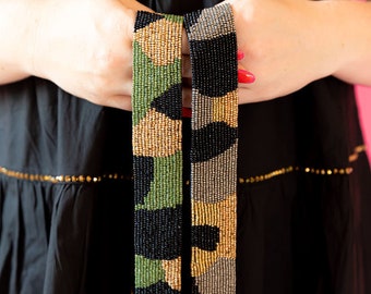 Seed Bead Strap for Handbag, Clear Bag Strap, Camo Print, Green and Gold