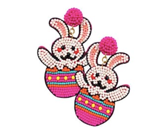 ¡NUEVO! Conejo de Pascua en Pendientes de Huevo, Conejito de Pascua Rosa con Pendientes de Huevo