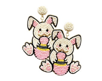 ¡NUEVO! Conejito de Pascua con Pendientes de Huevo, Conejo de Pascua Rosa con Pendientes de Huevo