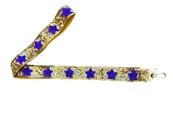 Sequin Strap for Handbag, Clear Bag Strap, Gold with Purple Star, Tiger Strap