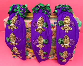 Mardi Gras paljett Fleur De Lis Knot Pannband, Mardi Gras Pannband, Mardi Gras Kids Pannband