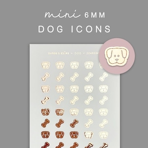 Könnte beinhalten: Eine Bogen mit 6 mm Mini-Hunde-Icon-Aufklebern. Die Aufkleber sind aus Goldfolie und zeigen verschiedene Hunderassen, darunter einen braunen Hund, einen weißen Hund und einen Knochen. Der Bogen ist mit "notes & clips - dog - 204rgm" beschriftet.