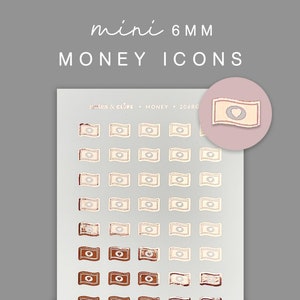 May include: A sheet of 6 mm mini money icons stickers. The stickers are in two colors: brown and white. The sheet has 36 stickers in total.