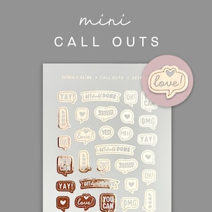 Op de afbeelding: Een vel met gouden en roségouden folie stickers met verschillende zinnen en ontwerpen. De zinnen zijn "love", "yay", "get stuff done", "yaasss", "ok", "omg", "you can", "yes", "meh".