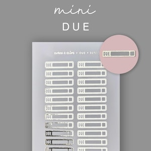 Op de afbeelding: Een vel zilverkleurige plannerstickers met het woord "DUE" erop gedrukt. De stickers zijn rechthoekig met een horizontale lijn in het midden. De woorden "mini" en "DUE" staan bovenaan. De tekst "notes & clips" is ook zichtbaar.