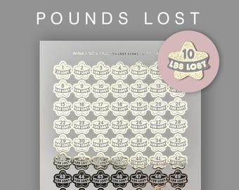 Foiled Weight Loss Stickers - Pounds Lost Star Stickers Set One - 1 lbs to 70lbs