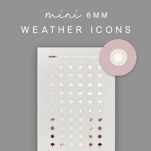 May include: A sheet of 6mm weather icon stickers with a rose gold finish. The icons include sun, clouds, rain, lightning, wind, snow, and umbrellas. The sheet is labeled "notes & CLUPS WEATHER 219WRA".