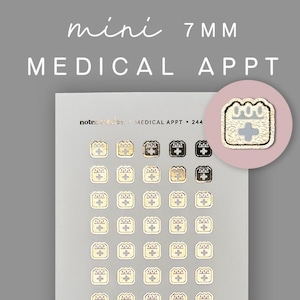 May include: Sheet of mini medical appointment stickers. The stickers are gold with a white cross symbol. The text "mini 7MM MEDICAL APPT" is at the top. A pink circle with a sticker is in the upper right corner.