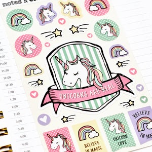 Unicorn Stickers, Unicorn Planner Stickers, Rainbow Stickers, Book Stickers, Sheet of 27 Stickers