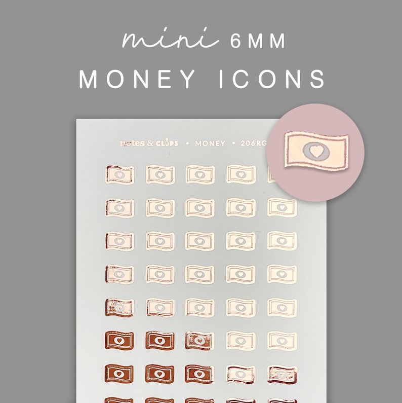 May include: A sheet of 6 mm mini money icons stickers. The stickers are in two colors: brown and white. The sheet has 36 stickers in total.