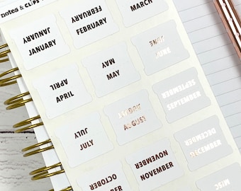 Foiled Monthly Tab Stickers: White Planner Tabs