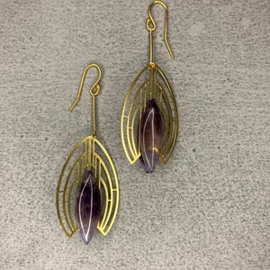 ART DECO EARRINGS With Brass Motif And Amethyst. Earrings For Modern Style And Everyday Elegance