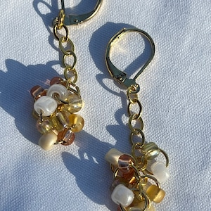 Champagne, Pearl, white and rose gold seed bead earrings