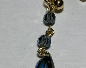 Blue gray luster, blue teardrop glass beaded dangle earrings, gold tone post