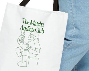 Matcha Addicts Club Einkaufstasche, umweltfreundliche Einkaufstasche, lustiges Geschenk für Teeliebhaber, wiederverwendbare Markttasche, stilvolle Alltagstasche