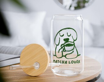 Matcha Lover Glasbecher mit Bambusdeckel und Strohhalm: 16 Unzen Eiskaffeetasse, ästhetische Matcha-Tasse, Geschenk für Matcha-Liebhaber, Teebecher