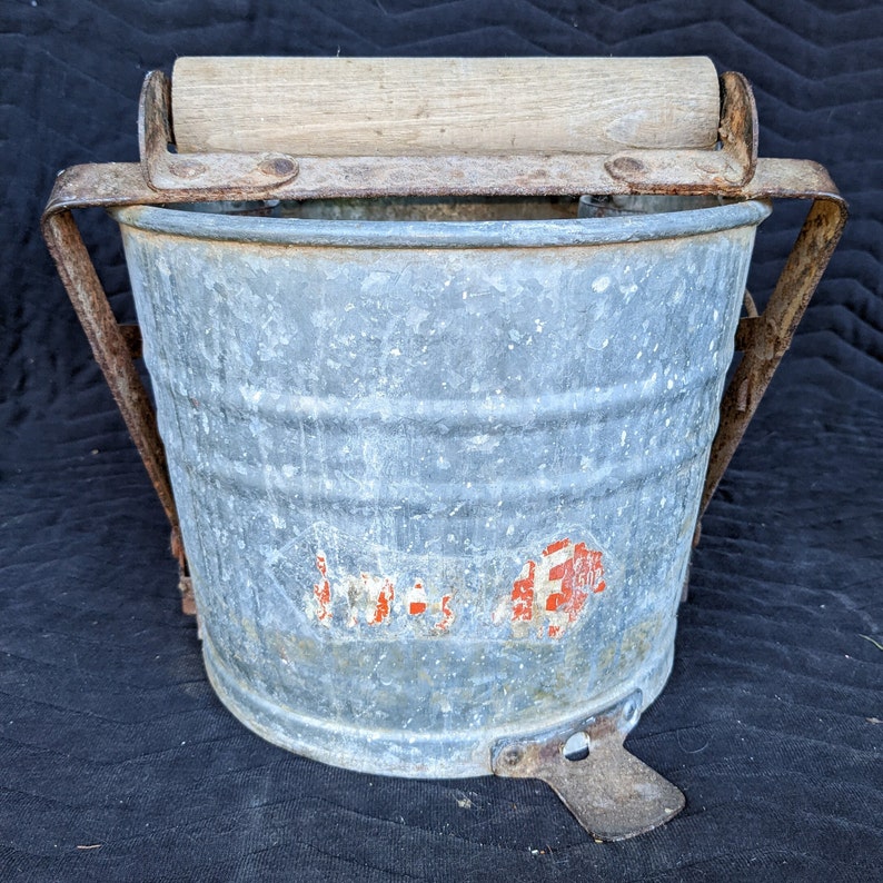 Vintage Galvanized Metal Mop Bucket With Wooden Wringer Etsy