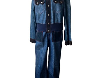 Jaren '70 vintage Glam Rock Disco Mod Bomber Denim Suede Leather Suit Broekpak Maat L