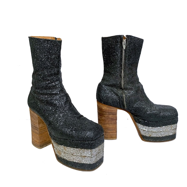 Super Rare 1970s original custom made vintage glitter disco glam rock platform boots KISS