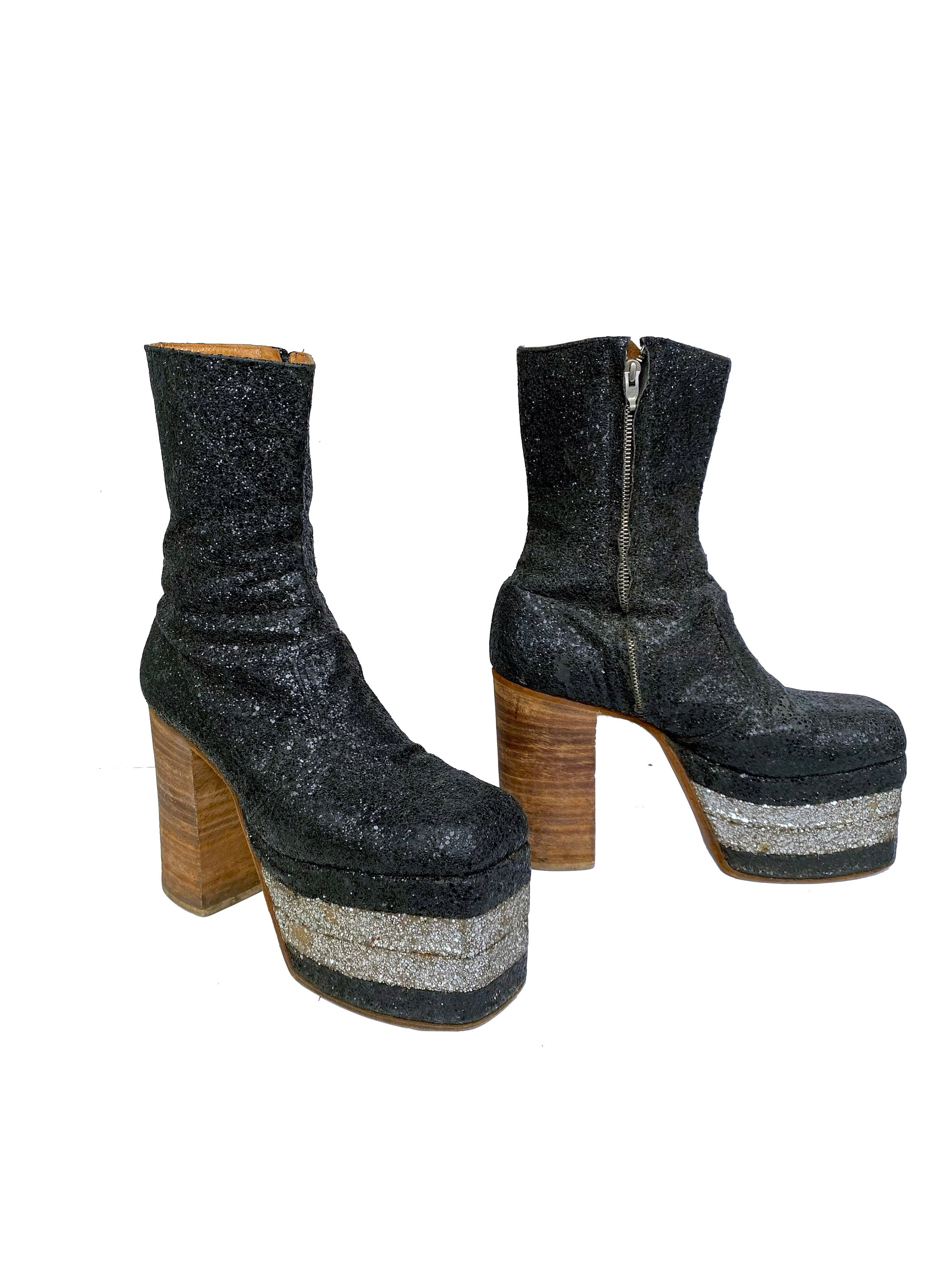 Vintage 70s Glitter Platform Gogo Boots UK 5 Womens Glam Rock ABBA Mamma Mia