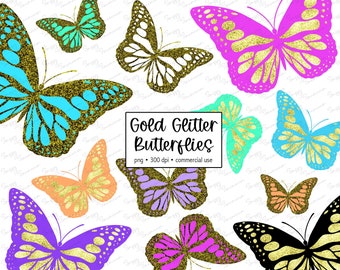 Gold Glitter Butterflies Clipart, colorful butterflies, PNG, pastel butterfly instant download for commercial use