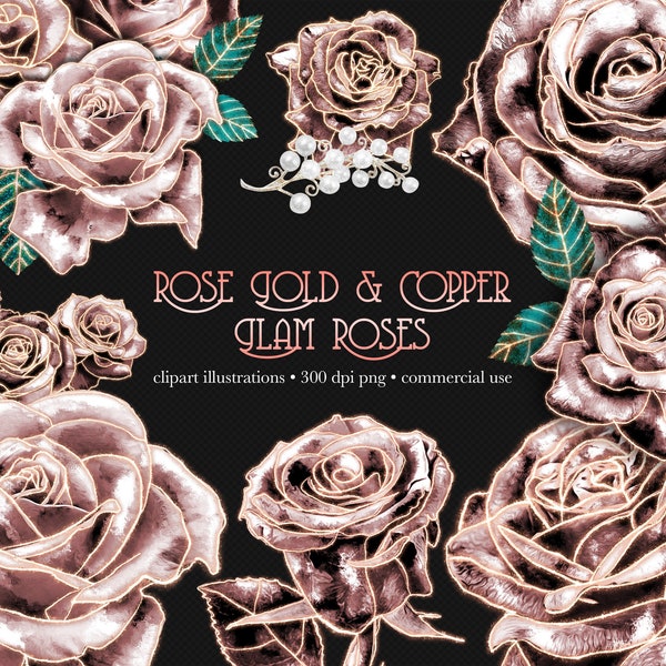 Rose Gold and Copper Glam Rose Clip Art, Dusty roses, gothic flower, digital download png embellishments, grunge glitter roses pearls