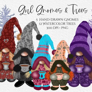 Female Gnome Bundle - Coffee Gnomes, Girl Troll, Hand Drawn Watercolor, Bundle Christmas art, Pine Trees, Digital Download, Commercial PNG