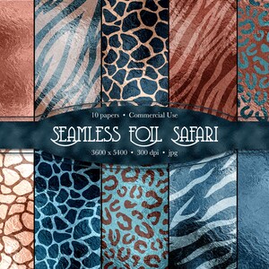 Pode incluir: Um conjunto de 10 padrões digitais sem costura que apresentam estampas de animais em acabamentos de folha de ouro e azul. Os padrões incluem estampas de zebra, girafa e leopardo. O texto "Seamless Foil Safari" é exibido em um fundo azul escuro.