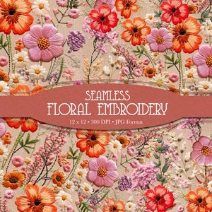 Seamless Embroidery floral pattern, embroidered wildflower seamless, pink and orange flowers embroidered pattern