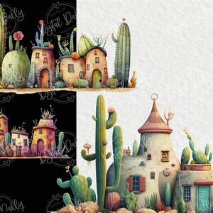 May include: Watercolor illustration of a whimsical desert scene featuring cactus plants and stylized buildings. The buildings have arched doorways and windows, with a variety of cacti and succulents. The color palette includes greens, browns, and pinks.