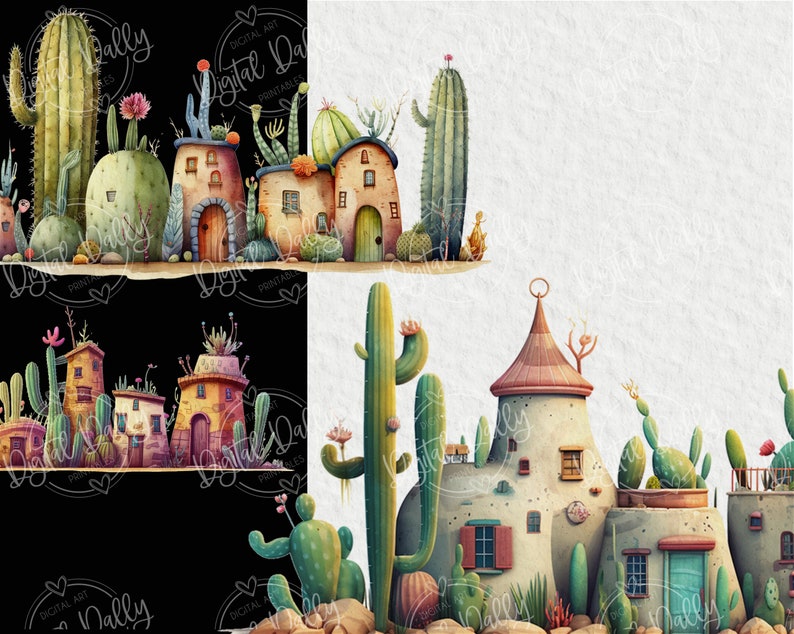 May include: Watercolor illustration of a whimsical desert scene featuring cactus plants and stylized buildings. The buildings have arched doorways and windows, with a variety of cacti and succulents. The color palette includes greens, browns, and pinks.