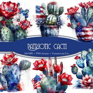 Clipart del día de la independencia, 4 de julio, arte de cactus, imágenes prediseñadas patrióticas, arte del suroeste, plantas de cactus, celebrar América, EE. UU.