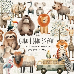 Clipart animaux safari, bébés animaux mignons, couleur neutre, animaux de la jungle pour chambre de bébé, faire-part, clipart baby shower, décoration de fête jungle