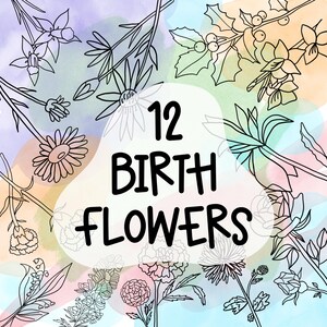 Puede incluir: Ilustración de 12 flores de nacimiento en arte lineal negro sobre un fondo de acuarela. El texto "12 BIRTH FLOWERS" está en el centro. El fondo tiene colores pastel azul, verde, rosa y amarillo.