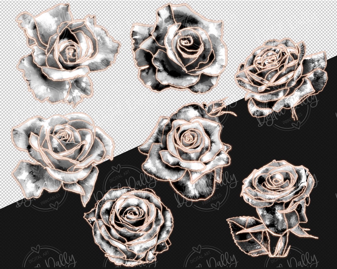 Silver and Copper Glam Rose Clip Art, Black Roses, Digital Instant ...