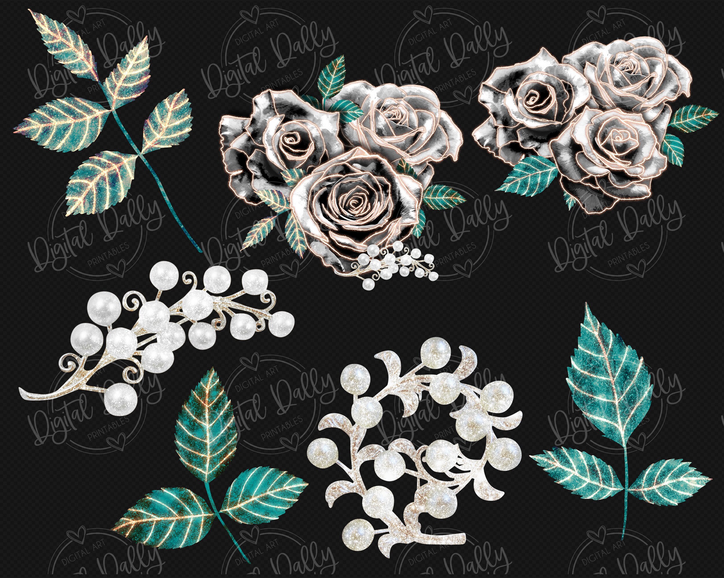 Silver and Copper Glam Rose Clip Art, Black Roses, Digital Instant ...
