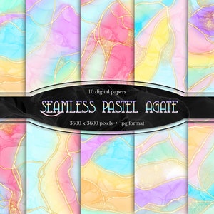 以下が含まれることがあります： 金色のアクセントが付いたシームレスなパステルアゲートのパターンを特徴とする10枚のデジタルペーパー。各ペーパーは3600 x 3600ピクセルで、JPG形式です。