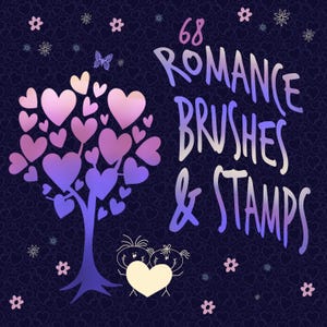 Pode incluir: Uma ilustração digital de uma árvore feita de corações rosa e roxos com duas figuras de pau segurando um grande coração. O texto "68 Romance Brushes & Stamps" está escrito em roxo e rosa.