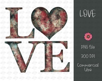 Puede incluir: Un diseño gráfico digital que presenta la palabra "LOVE" en letras blancas con un fondo de acuarela rojo, marrón y gris. Las letras están delineadas en negro. El fondo es un patrón blanco.