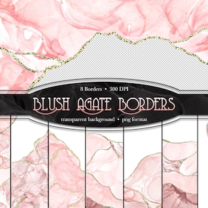 Puede incluir: Ocho bordes de ágata rosa y blanca con acentos de purpurina dorada. Los bordes están sobre un fondo transparente y están en formato PNG.  BLUSH AGATE BORDERS, 8 Borders, 300 DPI, transparent background, png format.